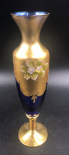 Vaso Soprammobile Murano vetro blu cobalt fiori smalto rilievo oro vecchio