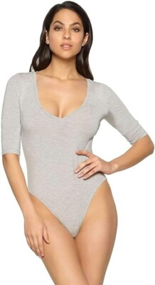 Felina X1725 Loungewear Modal Deep V Neck Bodysuit Sleepwear, Heather Grey, M