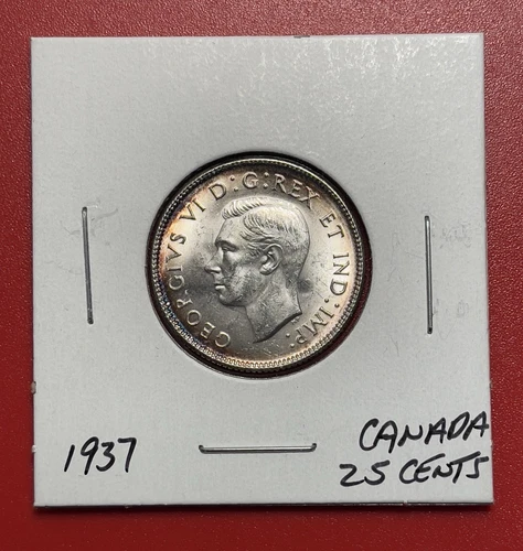 1937 Canada Silver 25 Cents, Uncirculated, Beautiful Reverse Toning.