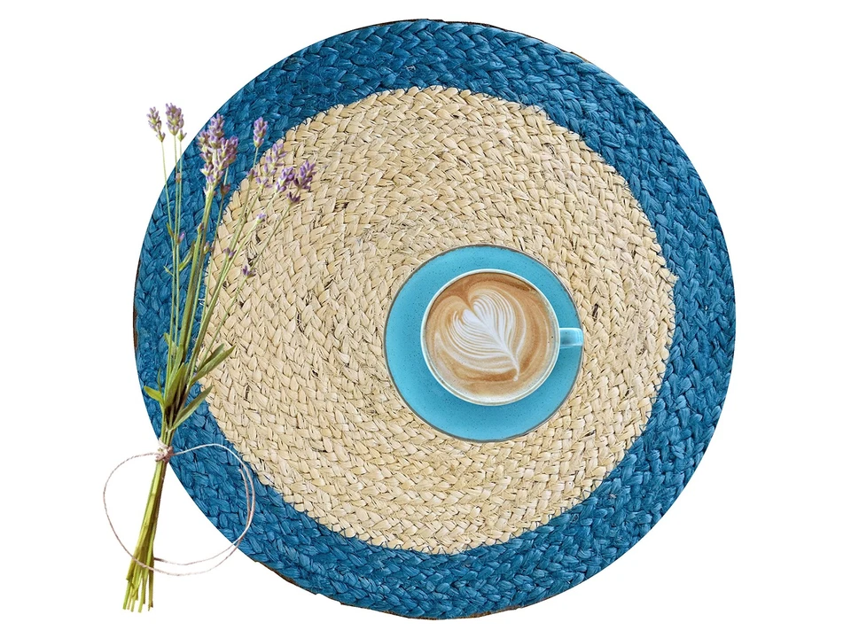 Geflochtenes Tischset Set Rustikal Vintage Rund 14 in Natur Blau 6 Stück