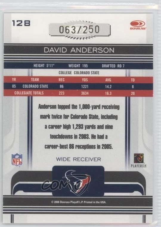 2006 Donruss Gridiron Gear Gold Signatures /250 David Anderson Rookie Auto RC - Image 2 of 2