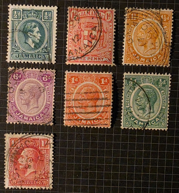 Lot of 7 Jamaica Stamps - King George V & VI (1912-1940s) Scott #116, 88, 76+