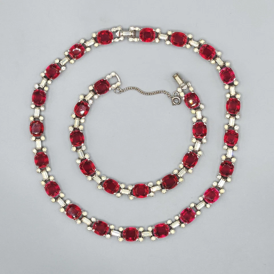 Vintage Signed Jomaz Mazer Ruby Red Cushion Cut Baguette Glass Necklace Bracelet - Image 2 of 4