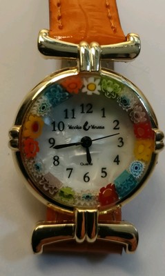 VINTAGE LADY VENICE MURANO GLASS MILLEFLORI BEZEL BLACK & GOLD WATCH Murano Watches | Murano millefiori square watch with leather  main image 2