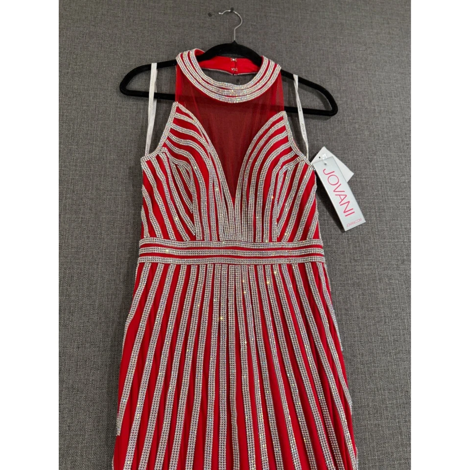 JOVANI Red Sequin Beaded Halter Neck Prom Formal Gown Dress - Image 2 of 4