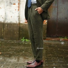 Men Herringbone Tweed Casual Wool Blend Retro Trousers Green Fit Suit Pants Slim