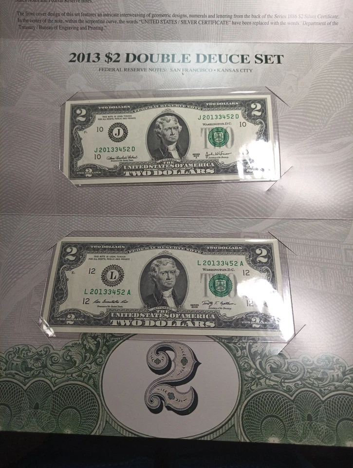 2013 $2 Double Deuce Set Federal Reserve Note San Francisco Kansas City UNC FRN - Image 3 of 4