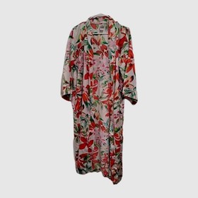 N Natori Robe S Kimono Belted Pockets White Red Pink Green Feminine Sexy Romanti