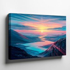 Sunset Over Mountain River Landscape Canvas Wall Art Print for Living Room Decor