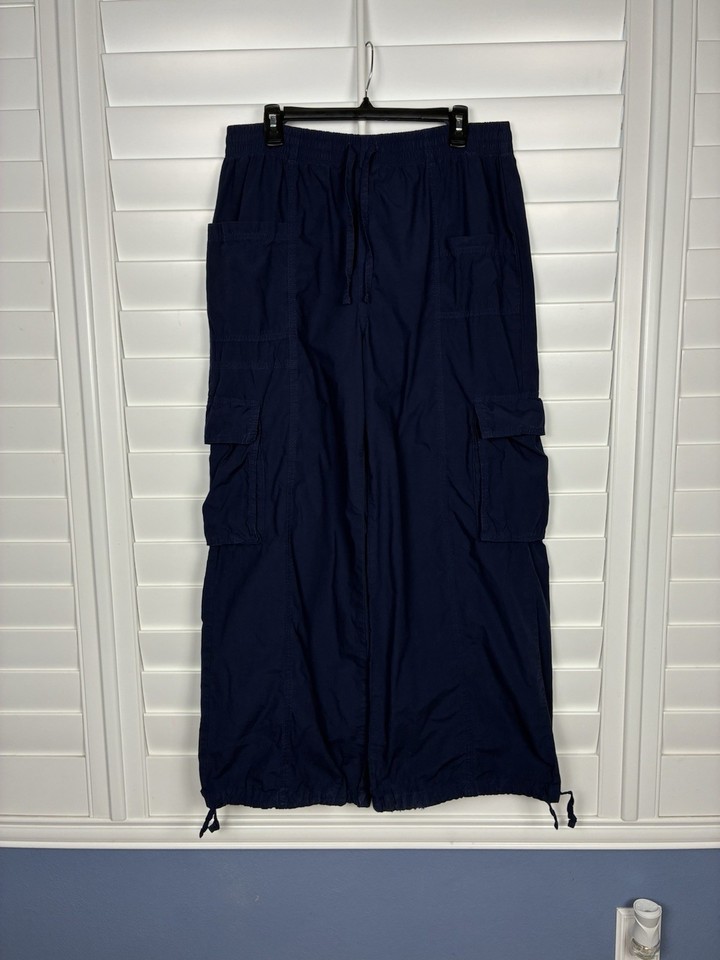 Aerie Women’s L Navy Baggy Cargo Parachute Pants with Drawstring Hems