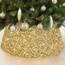 Gold Christmas Tree Collar 23.6Inch Sequin Christmas Tree Skirt Tree Ring Gli...