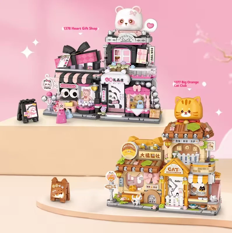 LOZ mini 1377+1378 Pet Shop, Gift Shop, rosa Panda, kawaii, decoration