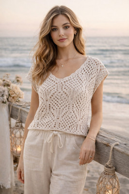 ISLA Crochet Knit Top Medium 100 Cotton Boho Cottagecore Cream Open Knit Sweater