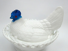 Atterbury Hen on Nest Clear Blue Head Milk Glass Covered Dish Antique 1800s