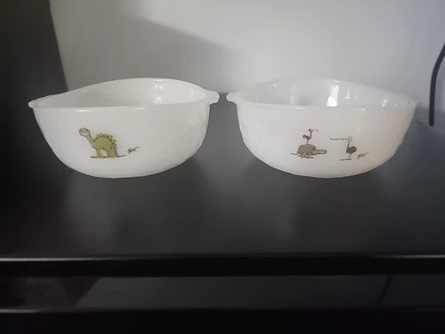 Vtg Anchor Hocking Fire King BC Johnny Hart Grog Cereal Bowls Dinosaurs-Set Of 2