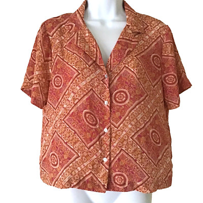 Rose + Olive Womens Orange Red Patchwork Button Up Boxy Top Collared Size M
