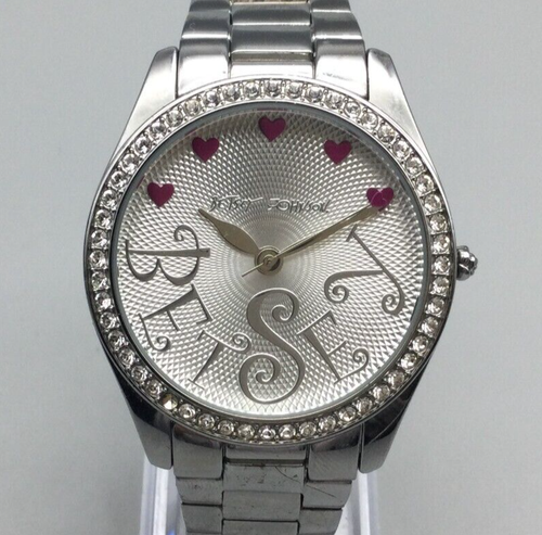 Betsey Johnson Watch Women Silver Tone 40mm Hearts Pave Bling New Battery 7" - Picture 1 of 15