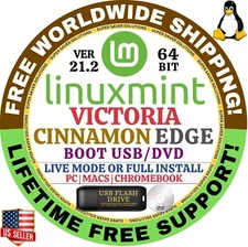 Linux MINT 21.2 USB VICTORIA Cinnamon Edge 64-Bit Live Boot, Install for MAC, PC