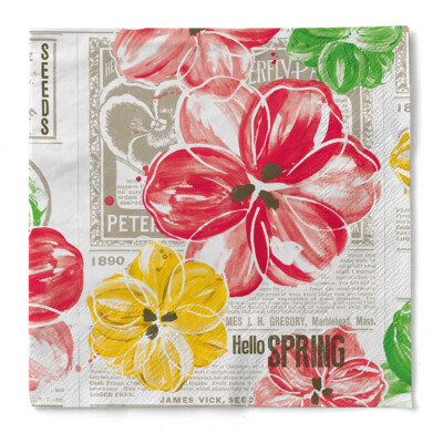 Serviette Hello Spring in gelb-rot aus Tissue 33 x 33 cm, 20 Stück - Frühling