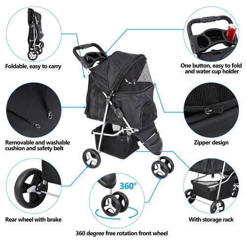 3 Wheels Travel Pet Stroller for Dogs and Cats Durable Foldable Stroller - Picture 6 of 12