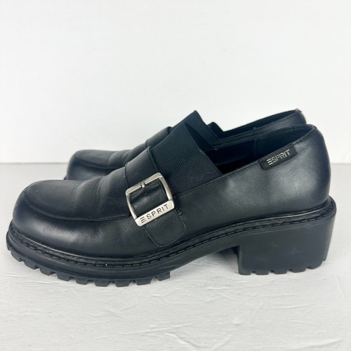 Esprit Vintage 90s Y2K Harrison Leather Chunky Loafers Size 8.5 Black Lug Sole