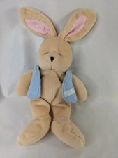 Carters Tan Rabbit Rattle Plush 12 Inch Terry Cloth Ears Blue Vest Stuffed 
