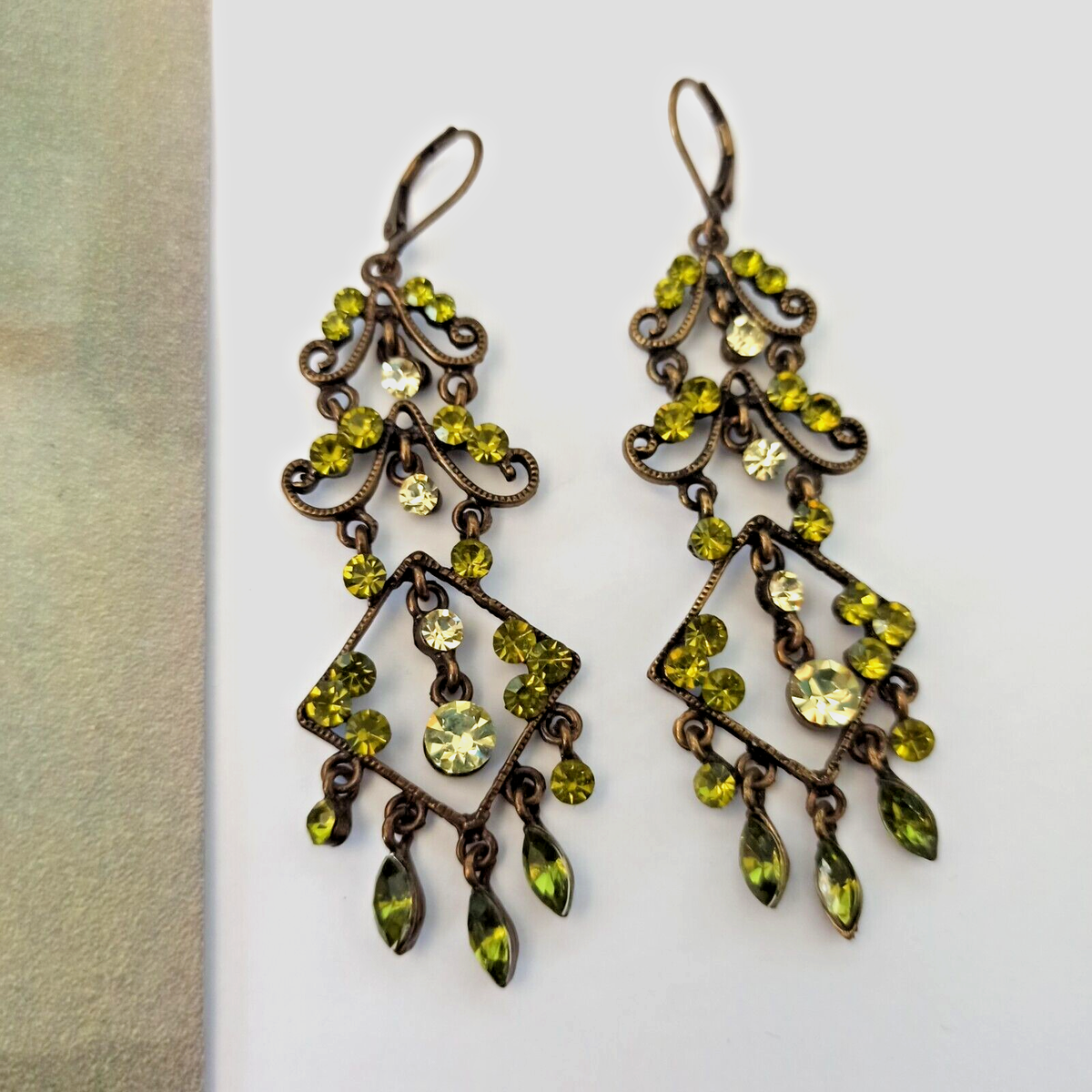 Vintage Earrings Long Chandelier Olive Green Rhinestone Brass Romantic  1990s VTG
