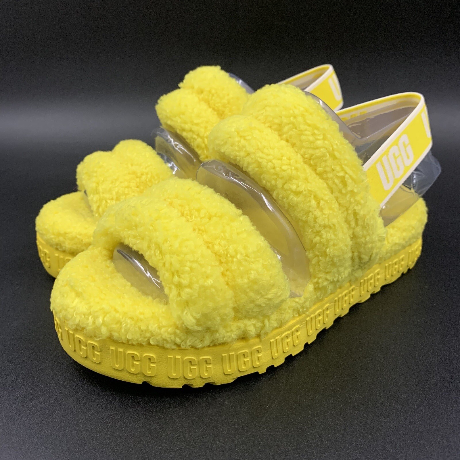 PANTOFOLA D’ORO UGG OH FLUFFITA PANTOFOLE SANDALO SLIDE PLATFORM SHERPA GIALLO BAMBINI US 13