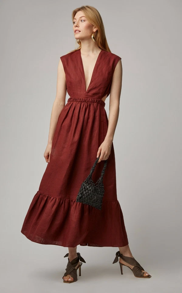 Maxi Vestido TIBI Borgoña Corte Cintura Verano Lino Lona Volantes Dobladillo Midi 12 = L Foto 4 de 4