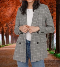 H M Trend Conscious Double-breasted Jacket Blazer grey checked size 12