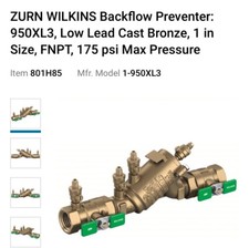 Zurn Wilkins 34-950XL3 3/4" 9750XL3Reduced Pressure Principle Backflow Preventer