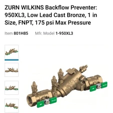 Zurn Wilkins 34-950XL3 3/4" 9750XL3Reduced Pressure Principle Backflow Preventer