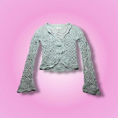 Y2K Cream Light Blue Crochet Bell Sleeve Cardigan Top