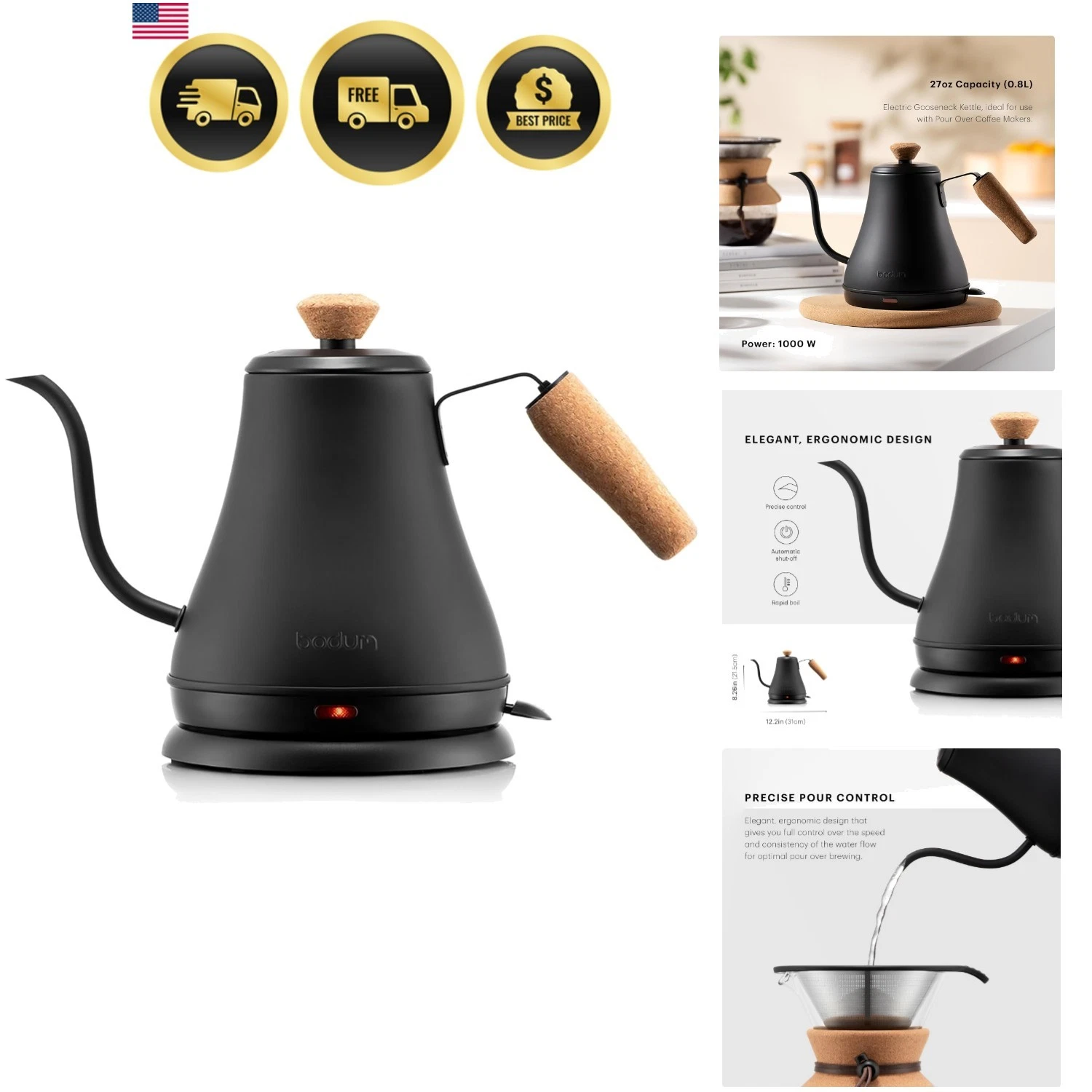 27oz Bistro Gooseneck Electric Water Kettle, Pour Over Coffee & Tea, Stainles...