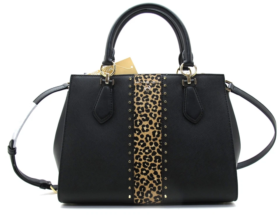 NUEVO MICHAEL KORS MARILYN Cuero Med Cartera/Hombro Guepardo Rayas Tachuelas Negro