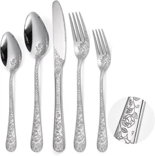 Floral Silverware Set 6 Silvery Flatware Stainless Steel with 30, Silver 