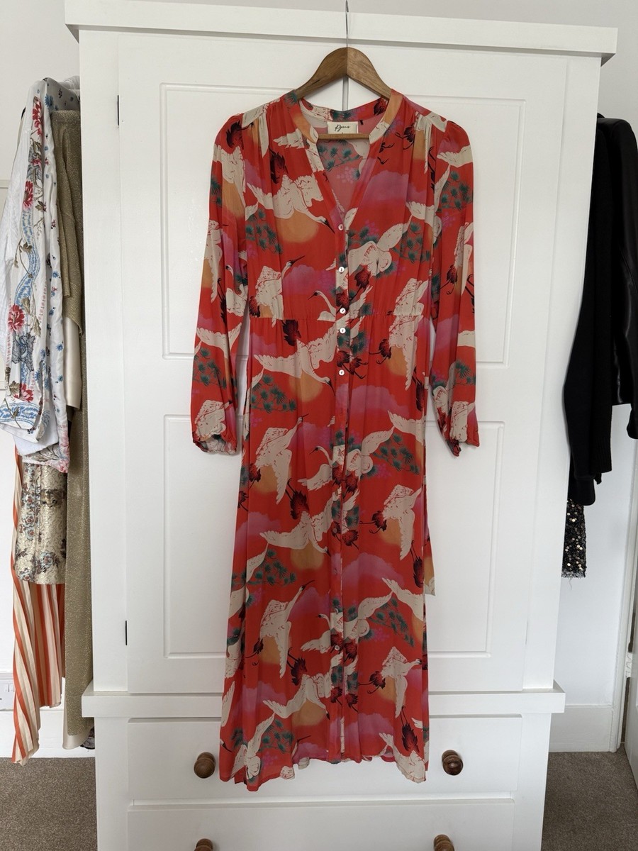 Pyrus Luna Red Silk Shirt Midi Maxi Dress Cranes L 12 14 | eBay UK