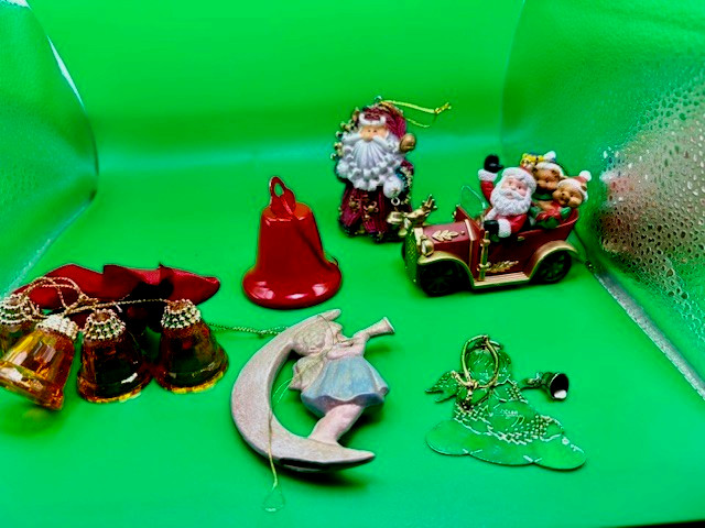 Lot of  6 vintage plastic and metal  Xmas ornaments;  Santas, Angels, Bells