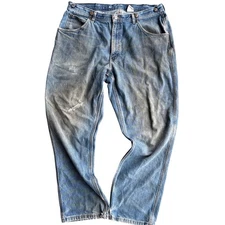 Thrashed Key Workwear Carpenter Jeans Blue 40x32 suspender buttons distressed