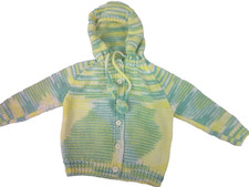 Vintage Handmade Knit Crochet Baby Sweater Cardigan w Hood Green Yellow Infant