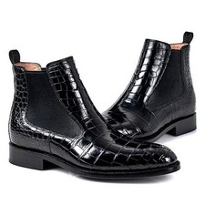 Mens Handmade Leather Boota Black Alligator Pattern Chelsea Dress Formal