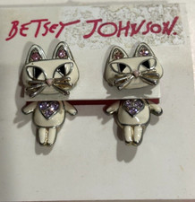 Betsey Johnson white enamel  Cat articulated pierced earrings NEW
