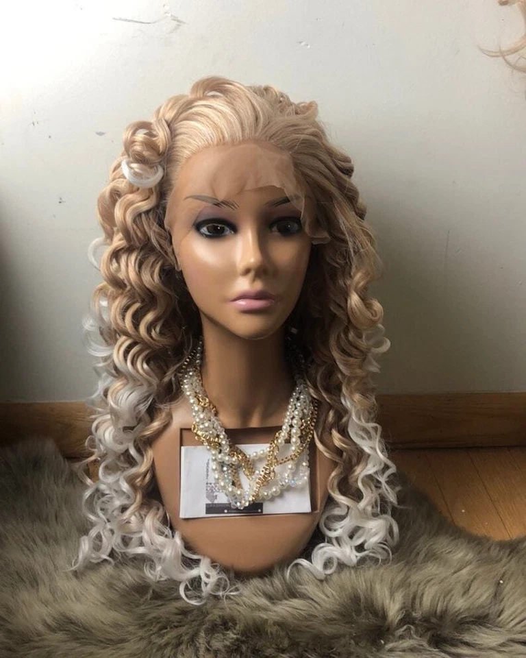 Peluca rubia ombre blanca afro rizada sintética encaje frontal cosplay drag queen peluca Foto 2 de 4