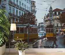 3D City Building Tram Self-adhesive Removable Wallpaper Murals Wall