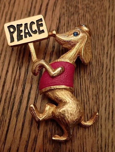 Vintage Signed JJ Jonette 1960's Daschund Dog Peace Sign Gold Tone Pin Brooch
