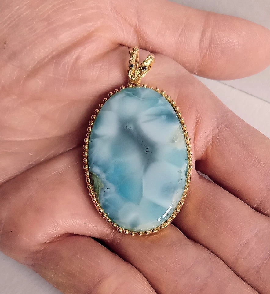 PENDENTE IN ARG. STERLING 925 DORATO CON LARIMAR NATURALE E PICCOLI ZAFFIRI - Immagine 2 di 4