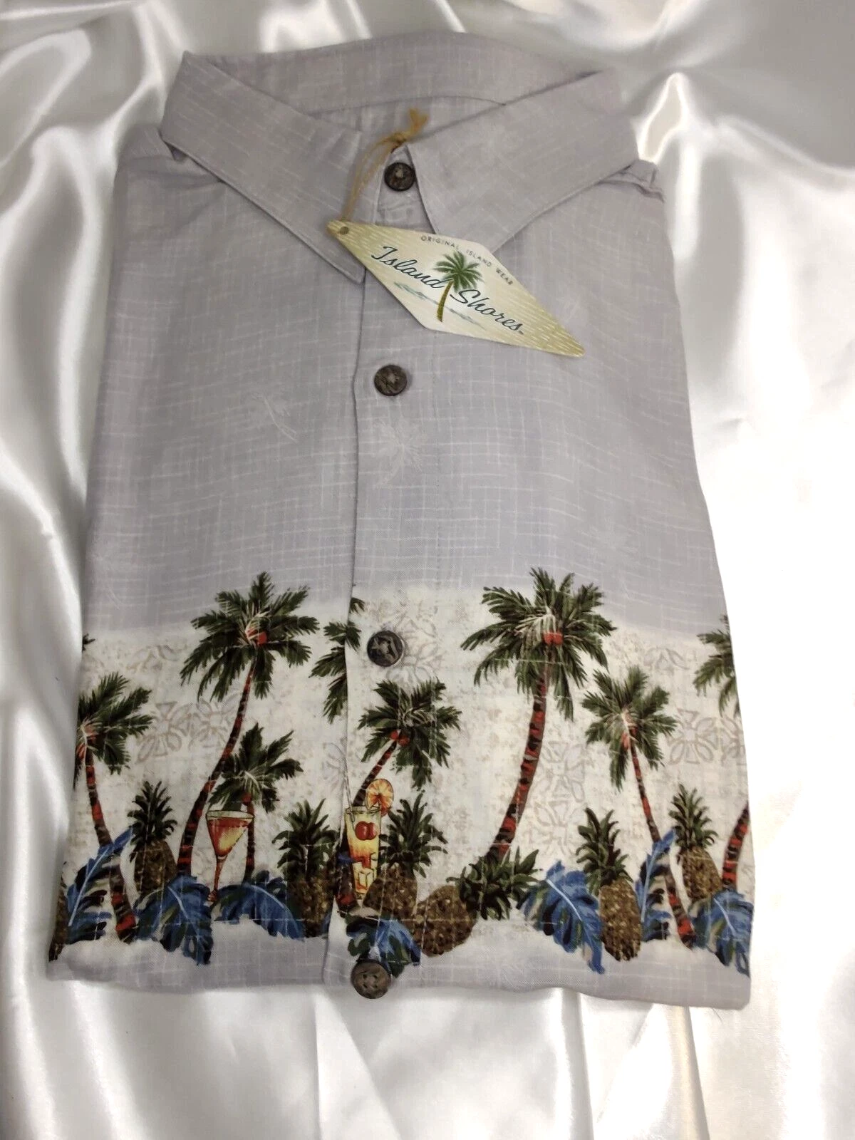 ISLAND SHORES Men's Shirt, Short Sleeve, Gray w Tan Stripe, Palm Trees, LG, NWT