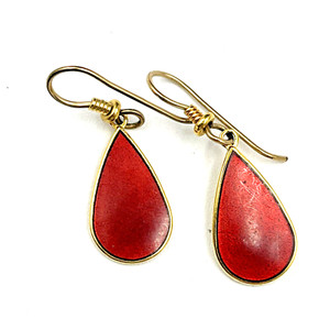 Authentic Vintage Laurel Burch Cloisonne Red Enamel Dangle Gold Plated Pierced Earrings