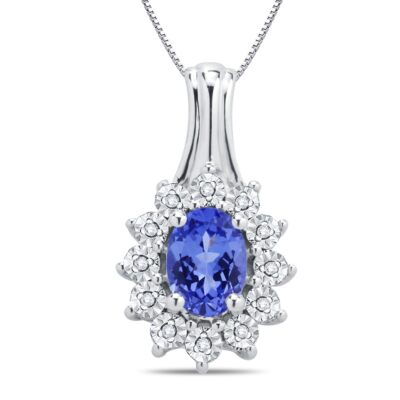 Ovaler Amethyst & runder weißer Saphir Heiligenschein Anhänger Halskette, Sterlingsilber