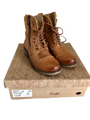 TARA M LORIS Cognac Brown Leather Lace Up Zip Booties Ankle Boots 6 37 NWB
